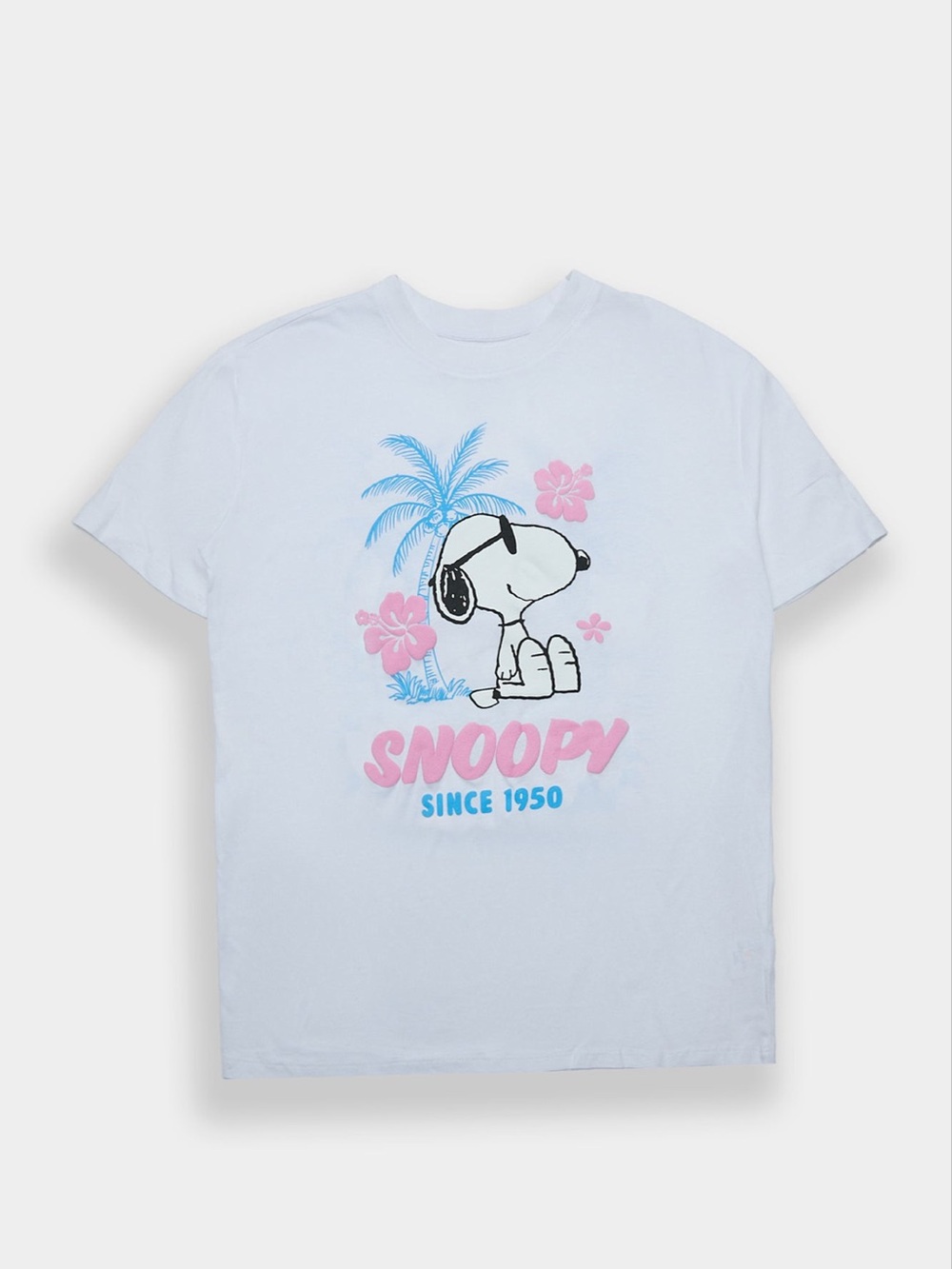 SNOOPY island beach hibiscus summer pink blue graphics white cotton tee T-shirt